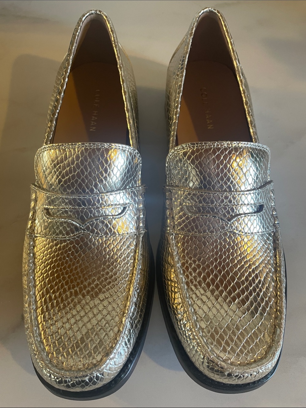 Cole Haan Gold Metallic Snake Print Size 9.5
